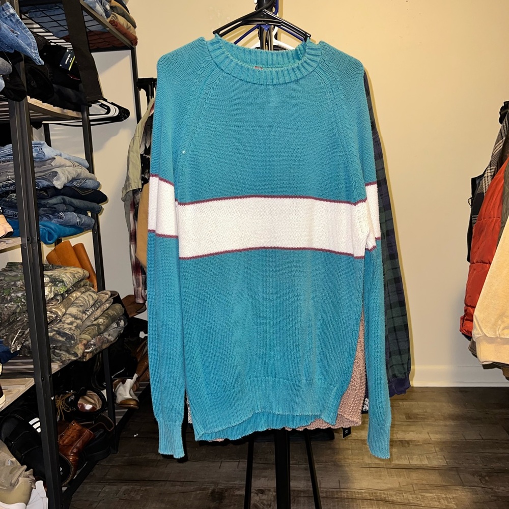 Vintage Highland Teal Sweater with White Stripe Size Large